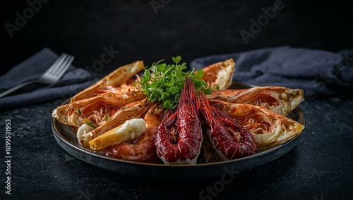 Fresh Seafood Platter With Shrimp and Lobsters Arranged on a Dark Table With ...