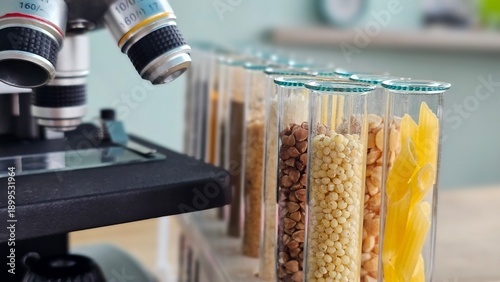 Foto Colorful display of spices and herbs in test tubes during culinary experimentati