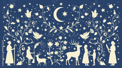 Enchanting Night Scene with Silhouetted Figures and Wildlife.