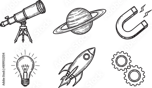 Hand-drawn science and technology icons featuring a telescope, Saturn, magnet, light bulb, rocket, and gears.