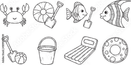 Black and white cartoon line art illustration of various summer beach and sea items including crab, fish, shovel, bucket, ball, and inflatable toys.