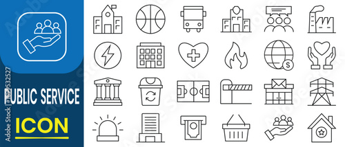 Public service editable icon set. Minimalist Public Service line icons set such as  government employee, public finance, interest, volunteer, city hall, public finance, interest and more.