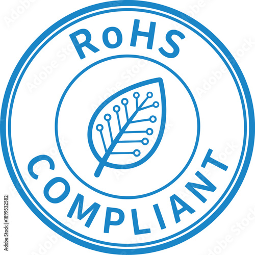 RoHS Compliant Certification Badge Icon – Eco-Friendly Electronics, Environmental Safety Symbol, Blue Vector Stamp