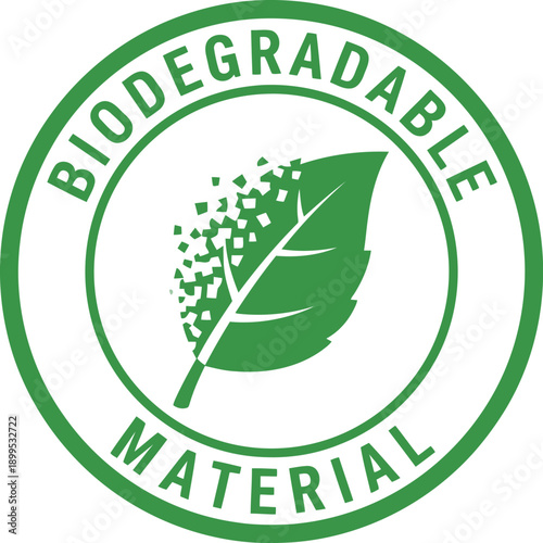 Biodegradable Material Eco Label Icon – Green Leaf Symbol for Sustainable Packaging and Products