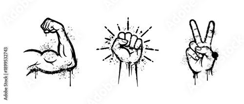 Strong arm muscle fist and peace hand signs graffiti stencil art