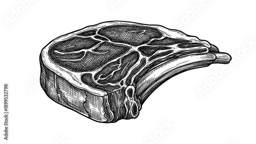 Hand-drawn illustration of a raw beef steak with bone, ready for cooking.