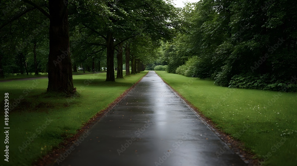Fototapeta premium A wet pathway through a lush green park lined with trees on a cloudy day