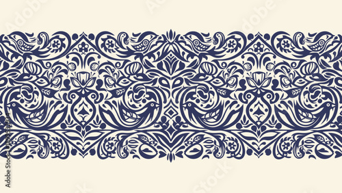 Intricate Blue and White Floral Border Design with Bird Motifs.