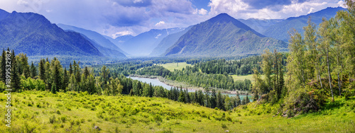 Εκτύπωση καμβά A picturesque mountain valley with a river, summer greenery of meadows and fores