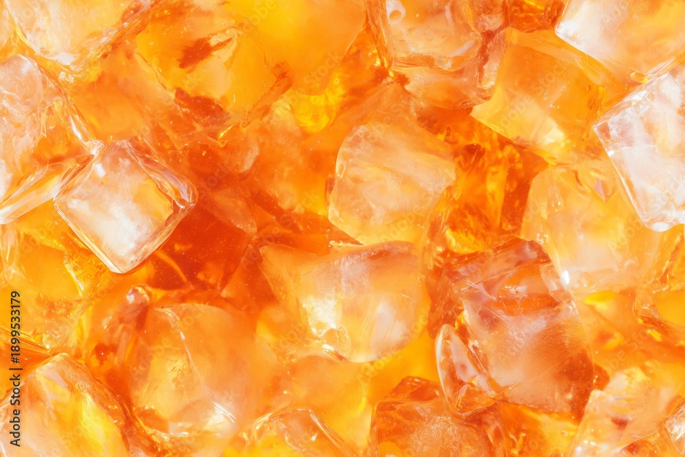 Obraz premium Close up iced tea texture. Delicious cold orange beverage with ice cube. Refreshing liquid pattern background. Summer drink concept.