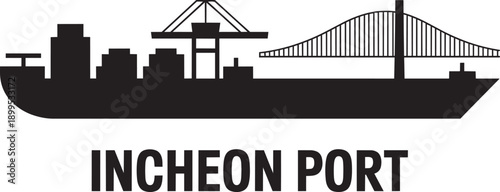 Incheon port silhouette with cargo ship bridge and cranes, modern port industry