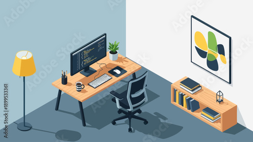 Modern Home Office Setup with Computer Desk and Chair.