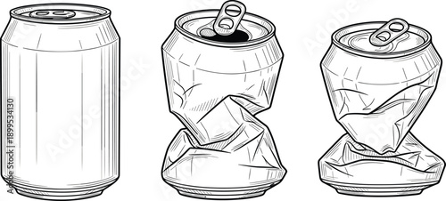 Aluminum beverage cans in different stages including intact, opened, crushed, dented, visual concept of use and disposal lifecycle
