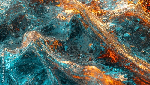 Flow of Bright Water and Air Bubbles Mixing in Blue and Orange