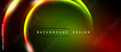 Abstract design features vibrant overlapping curves. Colors blend from red, green, yellow on black background. Text reads background design.