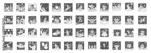 Hand drawn space traveler, moon and astronaut badge set