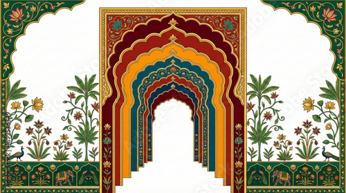 An ornate colorful archway with floral and animal motifs displayed