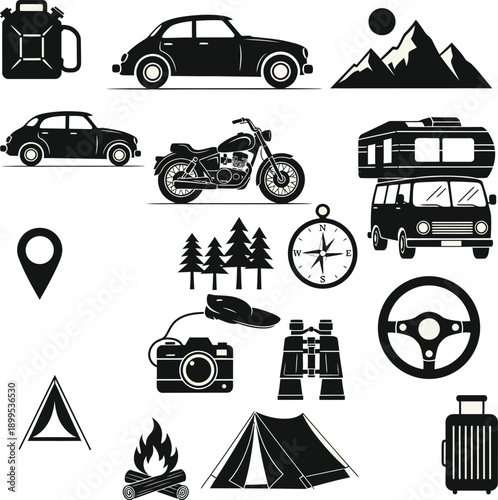 Camping Travel Icons with Car, Motorcycle, and Mountains