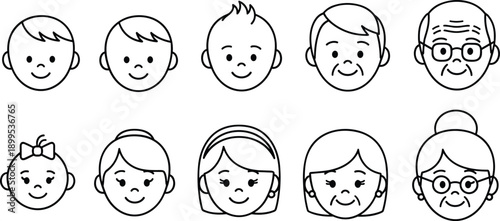 Cartoon human faces progression showing children, adults, and elderly generations, male and female characters, aging concept, family structure, vector illustration artwork