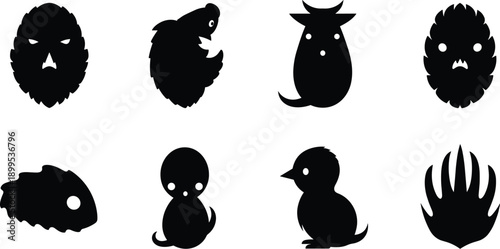 The image displays a collection of eight stylized black silhouettes on a plain white background.