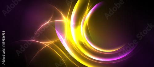 Bright abstract lines, curves, swirls. Vivid yellow, purple hues dominate dark background. Dynamic energy radiates from central focus.