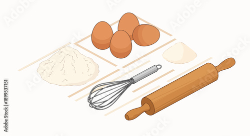 Isometric illustration of essential baking ingredients and kitchen tools Eggs Flour Sugar Whisk RollingPin Cook