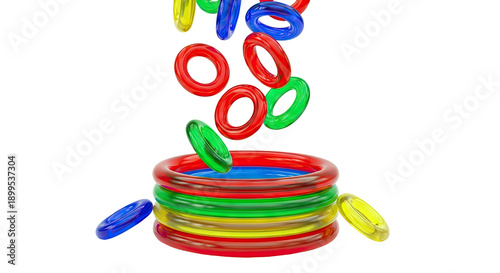 Colorful rings falling into a stacked inflatable pool