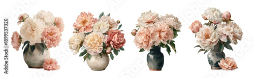 Watercolor flower bouquets and vases in vintage style. Pink floral arrangements with roses, peonies, and botanical elements for wedding designs and spring decorations. Vector illustration.