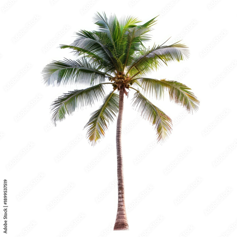 Obraz premium Single Tall Coconut Palm Tree Isolated on a White Background