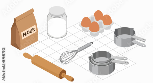 Isometric set of baking ingredients and essential kitchen utensils baking cooking ingredients kitchen tools eggs flour