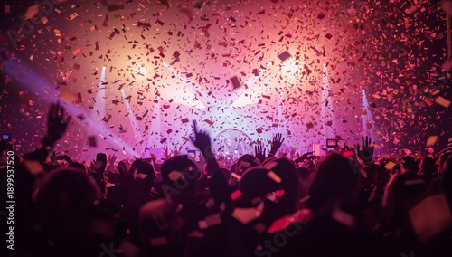 Crowd Enjoys Celebration With Hands Raised and Confetti Raining Down at a Fes...
