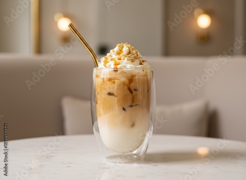 A fresh glass of cold chocolate ice cream and a sweet cup of coffee milk frappe served with yogurt and fruit make a delicious cafe breakfast dessert beverage