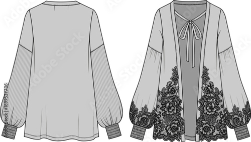 Elegant women’s blouse fashion illustration, front and back views, pleated voluminous sleeves, lace embroidery details, deep V‑neckline with tie closure, tunic design