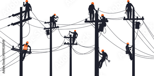 Utility workers climbing poles, maintaining electrical power lines, teamwork safety gear helmets harnesses silhouettes, vector illustration of hazardous infrastructure maintenance coordination