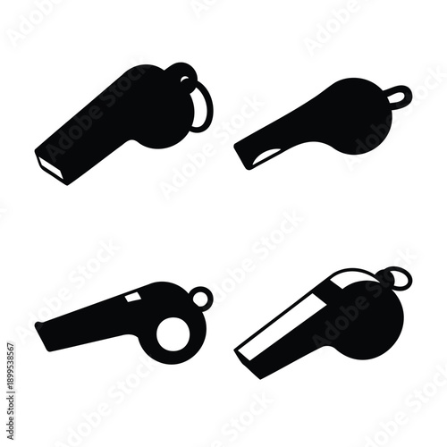 Collection of various black silhouette whistle icons for sports and signaling