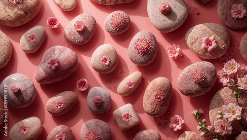 Colorful Stones and Flowers Arranged on a Pink Background for Decoration Purp...