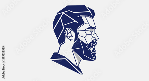 Abstract Geometric Profile Portrait of a Bearded Man with Modern Haircut, Created with Blue Polygons on a Bright Gray Background