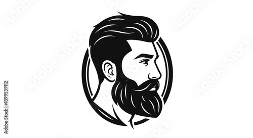 Hipster Bearded Man Profile Head in Circle Frame Emblem, isolated white background