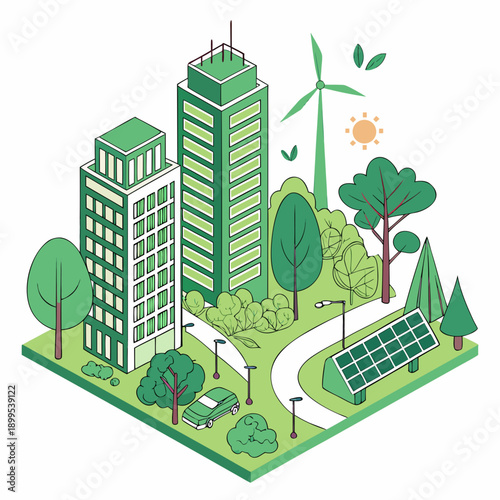 Modern cityscape with high-rise buildings and green urban planning