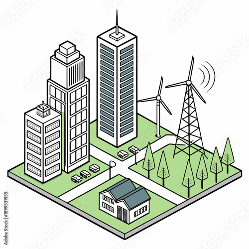 Urban landscape with renewable energy and transportation integration