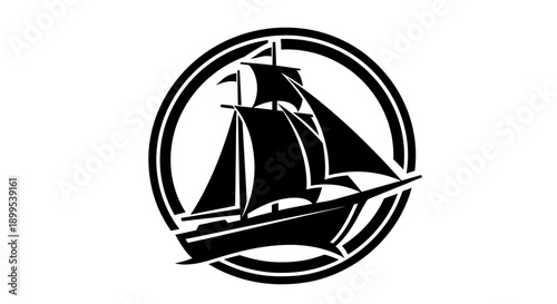 Classic Sailing Ship Silhouette with Full Sails in Circle Frame, isolated white background