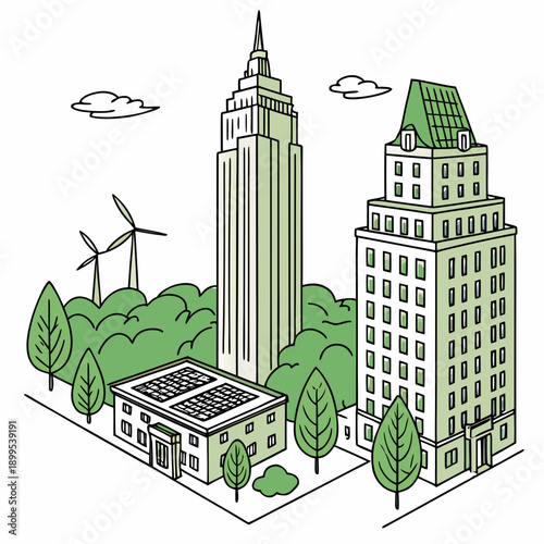 Urban landscape featuring modern buildings and renewable energy sources amidst greenery