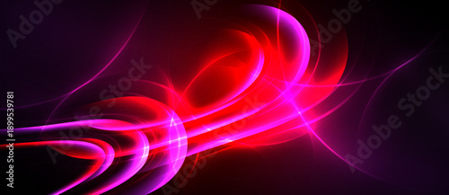 Bright abstract lines, vibrant reds, purples dominate black background. Dynamic energy radiates from swirling forms.