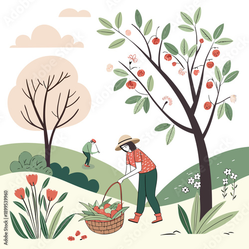 A gardener tending to blooming flowers in a serene springtime landscape