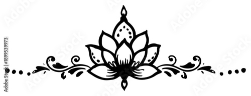 Decorative black lotus flower divider with floral swirls and symmetrical ornaments in tattoo style