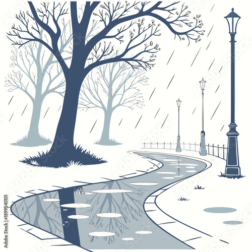 A serene winter evening along a quiet, snow-covered street with a lone lamppost.