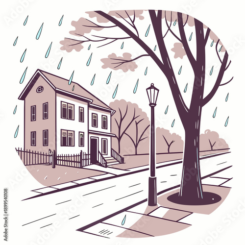 A serene illustration of a quiet street corner featuring a lone tree and a building