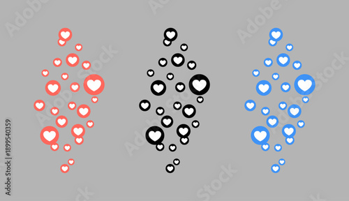 Vector flying reactions icons. Flying icons of red hearts and blue hearts and black hearts likes png. Social media likes, marketing, advertising, png.


