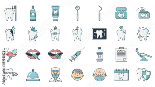 Dental care icons and symbols.