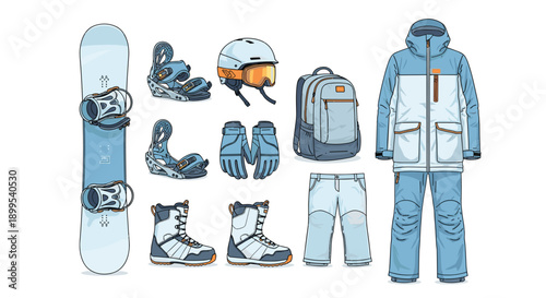 Essential gear for a thrilling snowboarding adventure on the slopes Vector